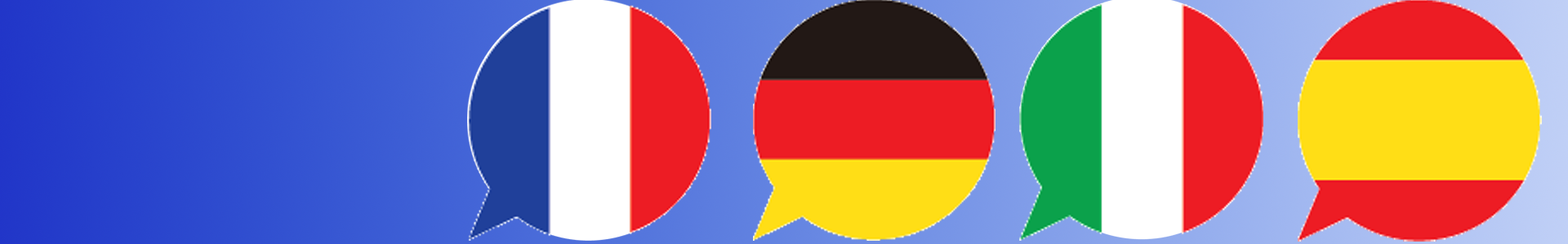 Image of French, German, Spanish and Italina flags in speech bubbles