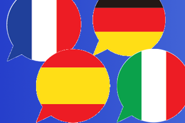 Illustration of French, German, Spanish and Italian flags inside speech bubbles